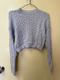 灰色扭繩針織短款毛衣64237767819651110