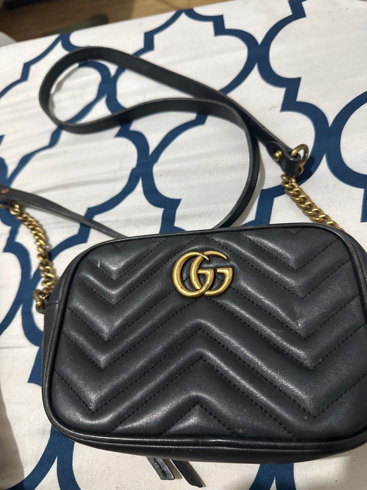 Gucci Marmont camera bag (Category: Luxury Bags & Wallets) located in Marikina City. Submitted by purplestash28 (Listing ID 1392449869, Image 1). Description: pre loved heavily used bag exterior looks okay but the inside’s lining needs to be replaced has tears.