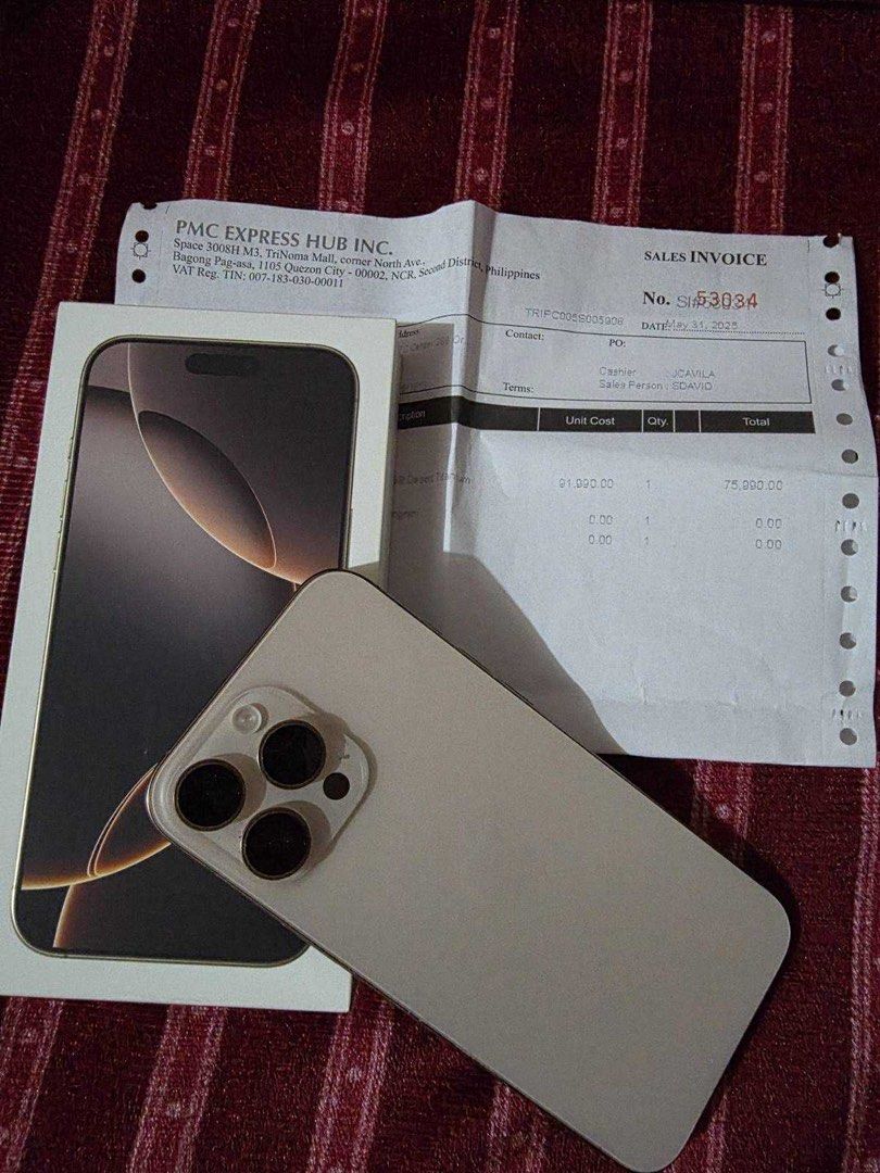 Iphone 16 pro max 256gb Desert Titanium (Category: iPhone 16 Series) located in Los Banos. Submitted by streetwear.collections (Listing ID 1392318462, Image 1). Description: Iphone 16 pro max 256gb Desert Titanium Complete with receipt Bought last May 31, 2025 1 year limited Warranty (until May 30, 2026) 100% Battery Health (91 cycle count) No issues Php 65,000 Thanks!.