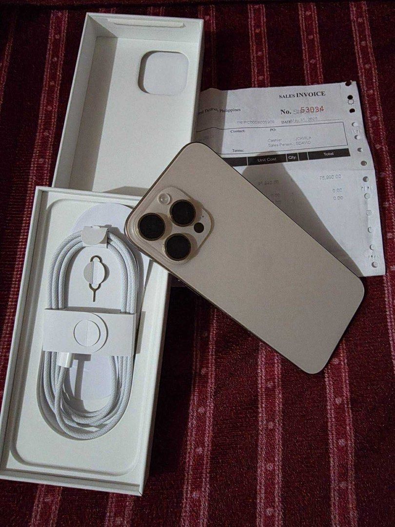 Iphone 16 pro max 256gb Desert Titanium (Category: iPhone 16 Series) located in Los Banos. Submitted by streetwear.collections (Listing ID 1392318462, Image 2). Description: Iphone 16 pro max 256gb Desert Titanium Complete with receipt Bought last May 31, 2025 1 year limited Warranty (until May 30, 2026) 100% Battery Health (91 cycle count) No issues Php 65,000 Thanks!.