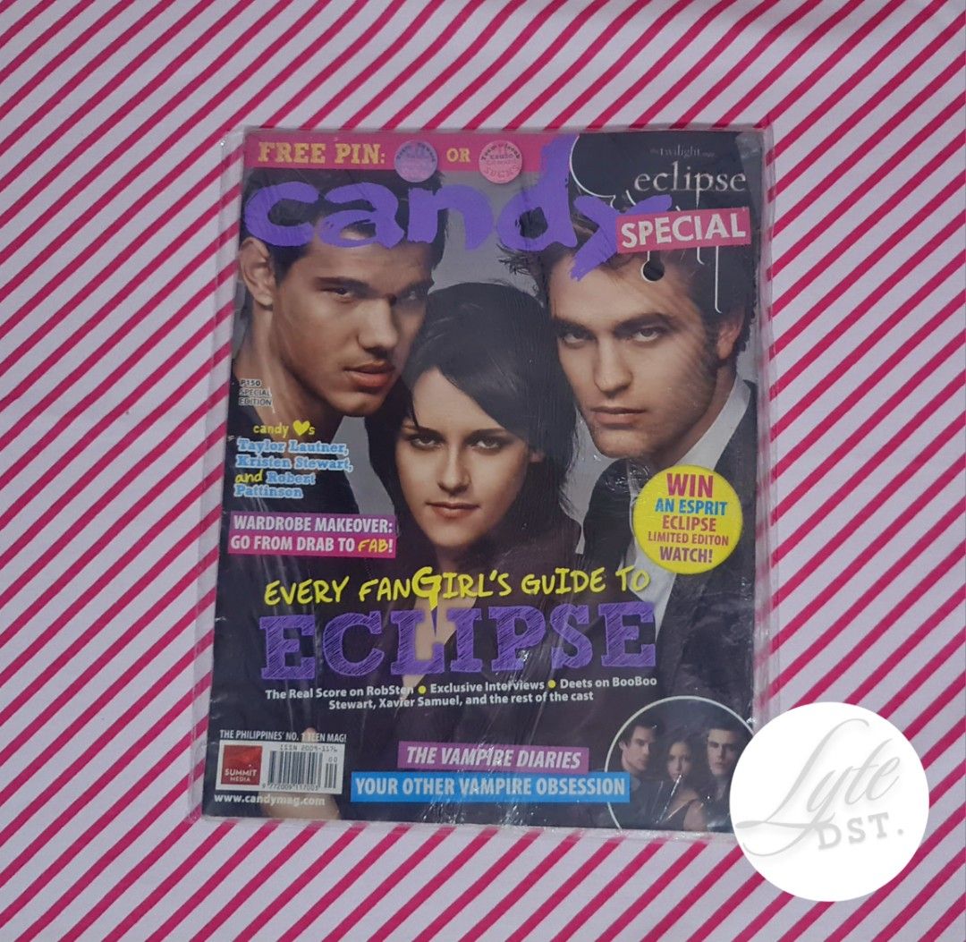 TWILIGHT COVER CANDY MAGAZINE (Category: Magazines) located in Balanga. Submitted by lyte.d (Listing ID 1336314755, Image 2). Description: CANDY MAGAZINE (TWILIGHT COVER) PER PIECE FOR 350 EACH MAY TAKE ALL FOR 1700 WITH FREE TWILIGHT ECLIPSE POSTER and STICKERS - IN THEIR ORIGINAL PLASTIC *These are preloved. Please manage your expectations. Thank You Kindly PM me for more details and photos. MOD: J&T (SF will be shoulder by Buyers) MOP: GCASH o