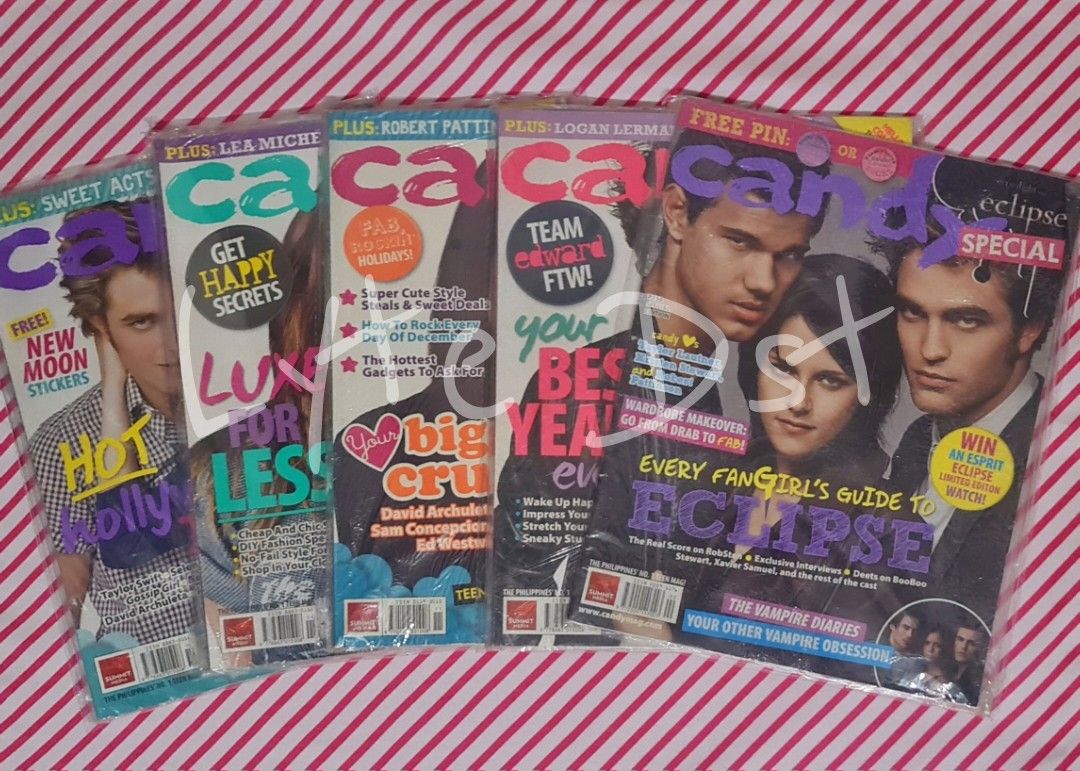 TWILIGHT COVER CANDY MAGAZINE (Category: Magazines) located in Balanga. Submitted by lyte.d (Listing ID 1336314755, Image 1). Description: CANDY MAGAZINE (TWILIGHT COVER) PER PIECE FOR 350 EACH MAY TAKE ALL FOR 1700 WITH FREE TWILIGHT ECLIPSE POSTER and STICKERS - IN THEIR ORIGINAL PLASTIC *These are preloved. Please manage your expectations. Thank You Kindly PM me for more details and photos. MOD: J&T (SF will be shoulder by Buyers) MOP: GCASH o