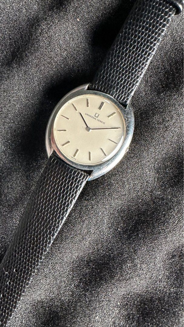 Universal Geneve Ellipse Minimalist. (Category: Luxury Watches) located in Manila. Submitted by olxph_400275733 (Listing ID 1392403544, Image 1). Description: 35mm width. Ellipse design associated with Gerald Genta (UG White Shadow). 2 hander mechanical. Still with caseback sticker.