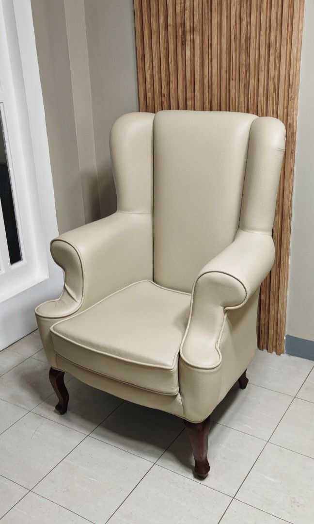 Wing Chair (Category: Chairs) located in San Mateo. Submitted by deccan (Listing ID 1392329900, Image 2). Description: Newly uoholstered wing chair using quality materials No issues Beige color Location: Montalban, Rizal.
