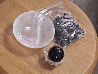 全新水晶套裝：白玉碗+黑曜石球，送黑曜石碎晶碎石64180233720450110