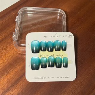 純貓眼 指尖黑 薄荷藍色 手工穿戴甲 S碼 短方 Short cat eye press on nail fake nail64230511792386110