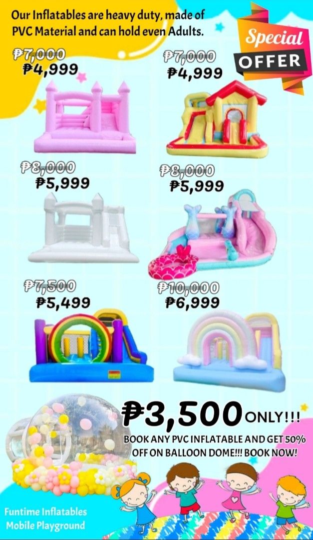 affordable inflatable mobile playground (Category: Infant Playtime) located in Manila. Submitted by prettyme101395 (Listing ID 1392570404, Image 1). Description: SPECIAL OFFER RATE + LESS ₱500 OFF!!! 😱 🥳 Are you looking for an Affordable PVC Inflatable Mobile Playground? 🛝❤️ Budget friendly without compromising on quality and a modern setup, we will provide an experience like a Kidzoona party! 🥳🥳🥳 All Our Inflatables are made of Heavy duty 