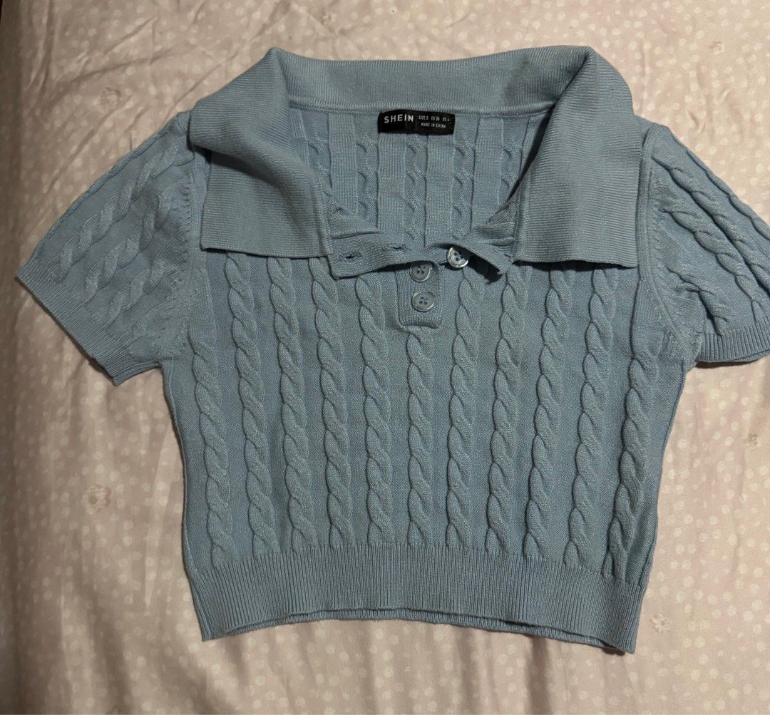 Basic Tops (Category: Blouses) located in Singapore. Submitted by petunialy99 (Listing ID 1392622338, Image 1). Description: Light blue cable knit top from Shein. Features a collared neckline and short sleeves. Size S. Perfect for a casual, stylish look. i bought the other top in Bangkok, only worn once! Size S Get both tops at $6 mailed .
