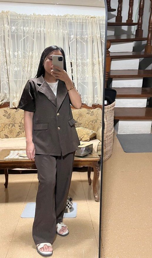BKK Coords | Coordinates | Set in Brown (Category: Sets or Coordinates) located in San Pablo. Submitted by dans__preloved (Listing ID 1392665417, Image 1). Description: Blazer and Pants Coords from bangkok Choco Brown Best fit small to medium Blazer Length: 24 inches Width: 18 inches Pants Length: 35 inches Waist: 24 to 28 inches (garterized) BKK coordinates .