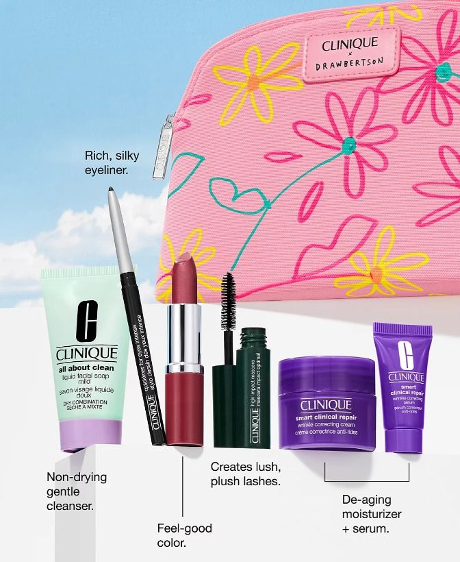 Clinique x Drawbertson 7pc Gift Set (Category: Face Care) located in San Juan City. Submitted by mia.concep (Listing ID 1392678457, Image 2). Description: Estimated Value: Php 5,500 Set Inclusions: - Clinique Smart Clinical Repair Wrinkle Correcting Cream, 15 ml/0.5 oz - Clinique Smart Clinical Repair Wrinkle Correcting Serum, 5 ml/0.17 oz - All About Clean Liquid Facial Soap Mild - 30ml - Clinique Pop Longwear Lipstick in Love Pop - Quickliner F