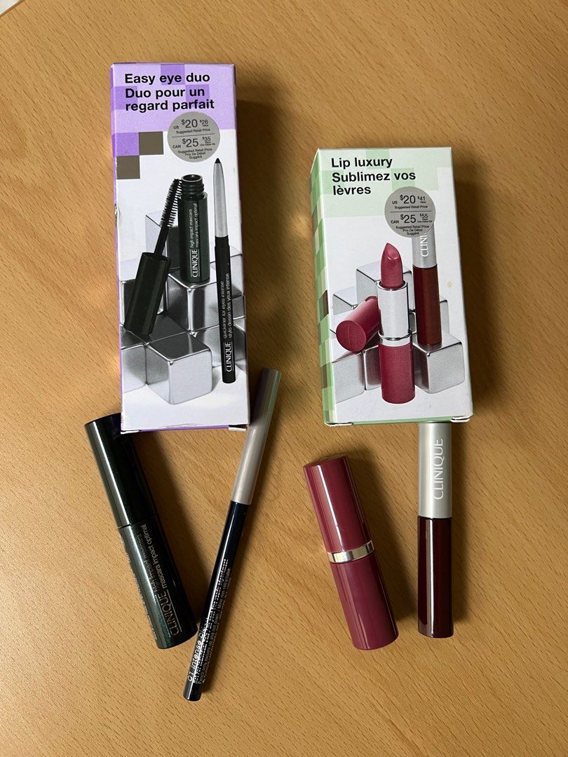 Clinique Make Up Bundle Set (Category: Makeup) located in Quezon City. Submitted by prebyflo (Listing ID 1392682481, Image 1). Description: Two sets of mini make up set from Clinique 100% authentic Bought in the US Each set/box retails for $20 + tax (PHP 1K++) All opened just to check Unused Boxes are slightly creased due to storage SET 1 Clinique Quickliner Eye Liner in ‘01 Intense Black’ Clinique High Impact Mascara in ‘01 Black’ SET 2 Clinique
