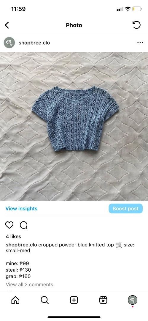 Cropped powder blue knitted vest type top (Category: Sleeveless) located in Los Banos. Submitted by ddn_07 (Listing ID 1392662392, Image 2). Description: - small to medium - worn once, bought from IG shop - nice for layering! from @shopbree.clo.