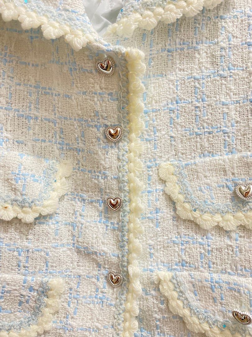 Light blue tweed blazer (Category: Coats, Jackets and Outerwear) located in Cavite. Submitted by eessaa08 (Listing ID 1392491623, Image 3). Description: Brand new tweed blazer Color: sky blue & white Fabric: tweed Size: S to semi Med With inner lining, heart button design, pockets are not working (design only). Light weight tweed. MOP: Gcash MOD: JnT or Lalamove Note: Seller is back to working on site. No rush shipping. Shipping schedule: Lalamov