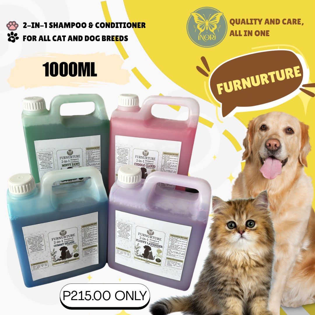 Premium Pet shampoo & Conditioner (Category: Health & Grooming) located in Cavite. Submitted by brixaaron (Listing ID 1392530928, Image 3). Description: Say goodbye to complicated bath routines! 🛁🐶🐱 With Inori FurNurture 2-in-1 Premium Shampoo & Conditioner, you get: 💚 Deep cleansing 💚 Coat conditioning 💚 Skin-soothing ingredients (Madre de Cacao, Neem, Aloe Vera, VCO & more) Available sizes: 250ML, 500ML, 1L Scents: Gummy Splash, Minty Paw