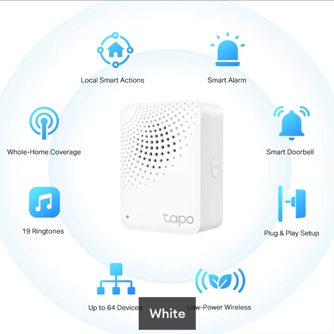 TP-Link Tapo H100 Smart Hub with Chime (Category: Media Streamers & Hubs) located in Makati City. Submitted by smith_1 (Listing ID 1392545748, Image 2). Description: Highlights .NETWORK .Protocol: 868 / 922 MHz .Wireless Type: 2.4GHz Wi-Fi :Operating Temperature: 0-40°C Dimensions( H X W X D ): 72 x 62.5 x 51 mm (2.8 x 2.5 x 2 inch) • Material: UL94-V0 Flame Ratardant .Buttons: SYNC/Mute Button •Power Requirements: AC, 100-240V, 50/60Hz .What's i