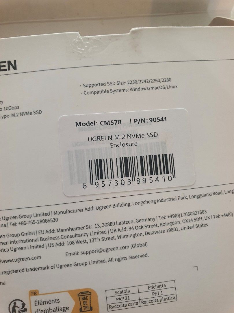 Ugreen CM578 NVMe SSD Enclosure (Category: Other Accessories) located in Bacoor. Submitted by titanium.282 (Listing ID 1392512414, Image 2). Description: Barely used. No issues. USB-C 3.2 Gen2 (up to 10Gbps) Supports M.2 NVMe SSDs (M-key / B+M Key) Tool-free design, plug & play With original packaging & cable Fast and reliable for external storage or backups. Reason for selling: Upgraded to a Thunderbolt 3 enclosure..