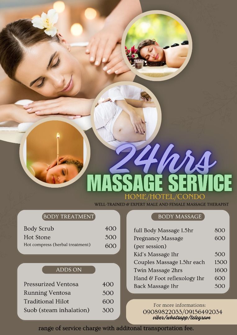24 hours massage service (Category: Massage Devices) located in Pasay City. Submitted by bodyfixspa (Listing ID 1392791635, Image 1). Description: well-trained and expert male and female therapist available 24hrs we cater all over metro manila located at pasay city see flyers for more info.