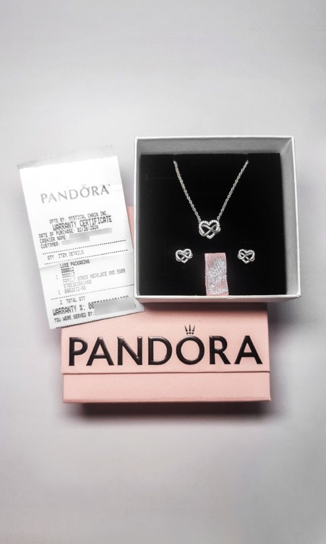 AUTHENTIC PANDORA Gift Set Necklace & Earrings Infinity Heart (Category: Necklaces) located in Makati City. Submitted by gelinep (Listing ID 1392806112, Image 1). Description: PANDORA Gift Set Necklace & Earrings Infinity Heart 💯 Authentic. Bought from Greenbelt. Was given as a gift. 🙏🏻 Php4,500 ONLY! Sold as set only. No more warranty, but providing certificate as proof of authenticity. 😊 ✨ RFS: Decluttering..