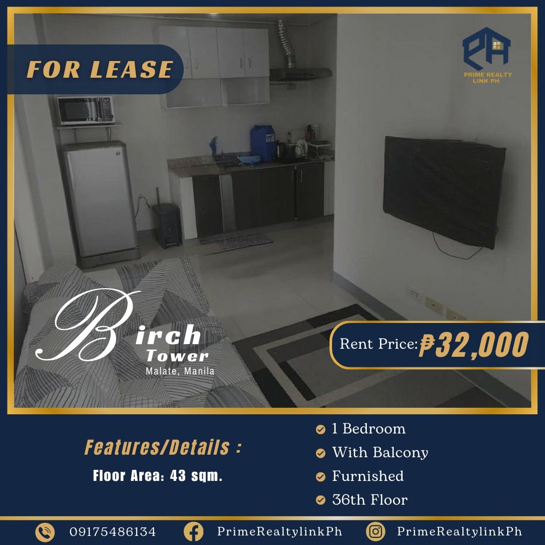 Birch Tower 1BR Unit with Balcony for Rent (Category: Apartments & Condos) located in Quezon City. Submitted by primerealtylinkph (Listing ID 1392794396, Image 1). Description: FOR RENT: Birch Tower Malate near Robinsons Manila. Floor Area : 43 sqm. 36th floor 1 bedroom with balcony Furnished Price: ₱32,000/monthly Minimum of 1 year lease For inquiries and more info, kindly contact: SARAH GUIMBAOLIBOT PRC 0020803 M: 09175486134.