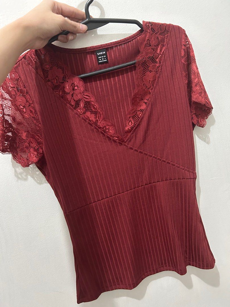 Shein Maroon Chiquease Lace Panel Rib Knit (Category: Blouses) located in Makati City. Submitted by danittt (Listing ID 1392842651, Image 2). Description: Shein Maroon Chiquease Lace Panel Rib Knit Bought this from Shein at 580 Selling for only 300 RFS: Decluttering.
