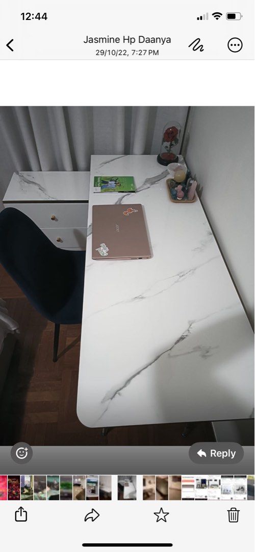 Study Table (Category: Tables & Sets) located in Singapore. Submitted by tsk2007 (Listing ID 1392723854, Image 3). Description: 1.4 x 55 cm Side return 1.1m x 30cm White with gold trimming .
