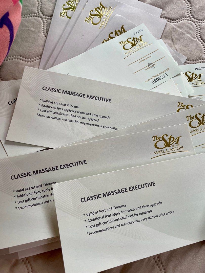 The Spa Gift Certificates Executive Massage (Category: Store Credits) located in Makati City. Submitted by glamorous_finds (Listing ID 1392761951, Image 1). Description: The Spa Gift Certificates - The Executive rooms are private rooms with access to the common wet floor area. Available at Fort BGC and Trinoma. - No expiry dates - Updated price is Ps 1,705 each and selling it for Ps 1,250 each (fixed price) - Please see terms and conditions. Clas