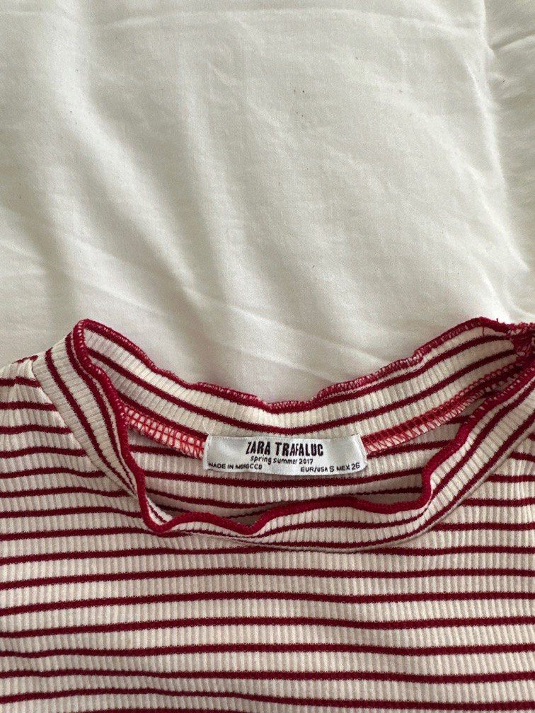 Zara red striped lettuce trim top (Category: Blouses) located in Calamba. Submitted by m.cag (Listing ID 1392742228, Image 2). Description: Not cropped, belly button will be covered .