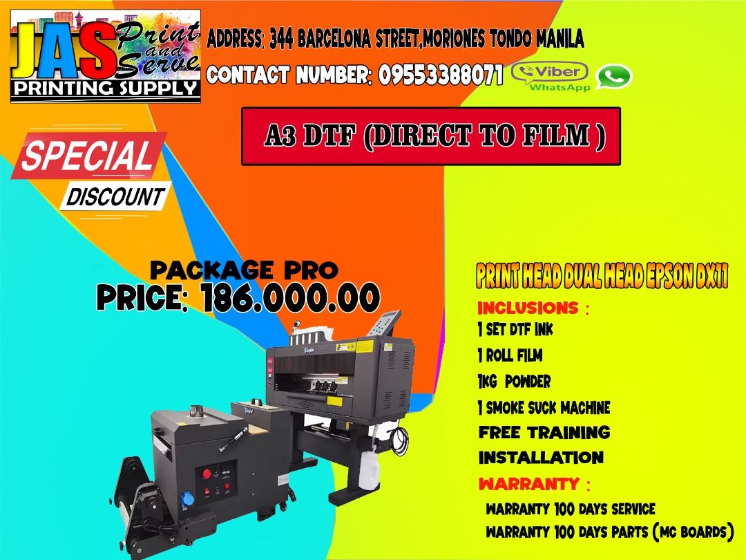 A3 SIZE DTF PRINTER MACHINE (Category: Printers, Scanners & Copiers) located in Manila. Submitted by melvinflor41363 (Listing ID 1392900243, Image 1). Description: LARGE FORMAT PRINTER MACHINE Price Starts @ Php159,000 Supplier of Brand New DX11, Dual Head DX11 & i3200 Tarpaulin Sublimation Printer Machine 6ft and 10ft, Brand New Laser Cutter and Brand New Cutter Plotter, Brand New Heat Press and other kind of printing machines. TARPAULIN PRINTER