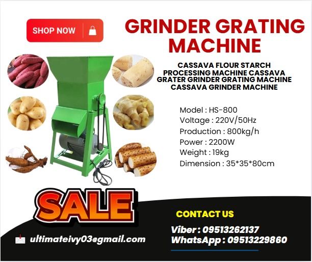 Cassava Flour Starch Processing Machine Cassava Grater Grinder Grating Machine Cassava Grinder Machine (Category: Everything Else Others) located in Caloocan City. Submitted by jynneyu68319 (Listing ID 1392968259, Image 1). Description: This is the painted style, stainless steel 201 PHP 42,090 Model : HS-800 Voltage : 220V/50Hz Production : 800kg/h Power : 2200W Weight : 19kg Dimension : 35*35*80cm ✅ 100% LEGIT TRUSTED SUPPLIER! ✅ With Complete L