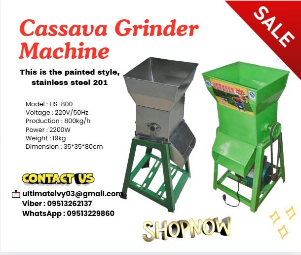 Cassava Flour Starch Processing Machine Cassava Grater Grinder Grating Machine (Category: Industrial Equipment) located in Caloocan City. Submitted by vedadacian34812 (Listing ID 1392970815, Image 1). Description: This is the painted style, stainless steel 201 Model : HS-800 Voltage : 220V/50Hz Production : 800kg/h Power : 2200W Weight : 19kg Dimension : 35*35*80cm ✅ 100% LEGIT TRUSTED SUPPLIER! ✅ With Complete Legal Documents ✅ BIR Registered 💰
