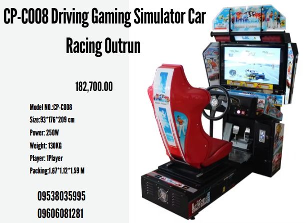 CP-C008 Driving Gaming Simulator Car Racing Outrun (Category: Industrial Equipment) located in Caloocan City. Submitted by nataliemor30968 (Listing ID 1392947222, Image 1). Description: Model NO.:CP-C008 Size:93*176*209 cm Power: 250W Weight: 130KG Player: 1Player Packing:1.67*1.12*1.59 M.