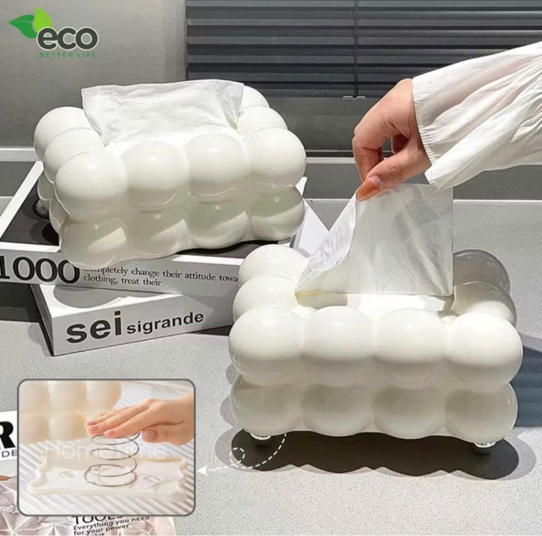 Cream/white bubble tissue box (Category: Towels, Napkins & Holders) located in San Juan City. Submitted by hellokitty_454 (Listing ID 1393036643, Image 2). Description: bought for 300 selling for 150 taking up too much space no scratch and no default good as new.