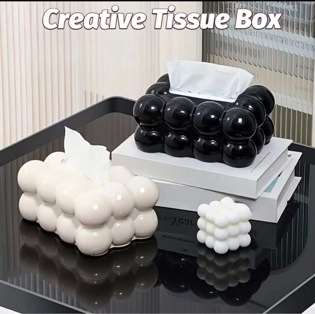 Cream/white bubble tissue box (Category: Towels, Napkins & Holders) located in San Juan City. Submitted by hellokitty_454 (Listing ID 1393036643, Image 3). Description: bought for 300 selling for 150 taking up too much space no scratch and no default good as new.