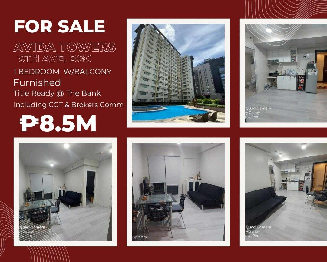 For Sale Avida 9th 1 BR (Category: Apartments & Condos) located in Makati City. Submitted by estolanm (Listing ID 1393059850, Image 1). Description: I am selling my condo here in BGC Avida Towers 9th Ave Tower 1 1 Bedroom with Balcony 2nd Floor, corner unit Semi Furnished. 43 2sqm Price : 8.5M Slightly Negotiable Thanks!.