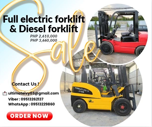 Full electric forklift & Diesel forklift (Category: Everything Else Others) located in Malabon City. Submitted by moannataga43633 (Listing ID 1392927438, Image 1). Description: Full electric forklift & Diesel forklift PHP 2,610,000 PHP 3,660,000 Full electric forklift Model: CPD50 Max. lifting height: 3000mm Loading capacity: 5000kg Load center distance: 500mm Overall length(no fork):2380mm Overall width:1150mm Grantry height:2180mm Wheelbase:138