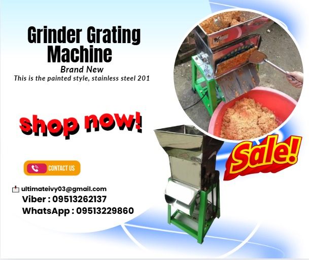 Grinder Grating Machine Cassava Grinder Machine (Category: Industrial Equipment) located in Caloocan City. Submitted by lyracrimso54467 (Listing ID 1392972792, Image 1). Description: This is the painted style, stainless steel 201 Model : HS-800 Voltage : 220V/50Hz Production : 800kg/h Power : 2200W Weight : 19kg Dimension : 35*35*80cm ✅ 100% LEGIT TRUSTED SUPPLIER! ✅ With Complete Legal Documents ✅ BIR Registered 💰Terms Of Payment : 💰50% Downpa