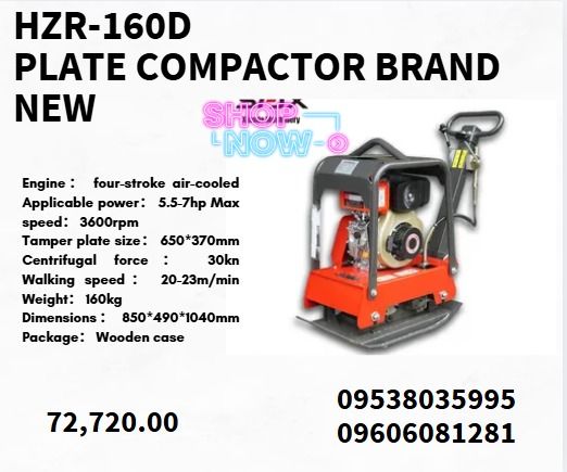 HZR-160D Plate Compactor brand new (Category: Everything Else Others) located in Aroroy. Submitted by 09602831019 (Listing ID 1392938666, Image 1). Description: Engine： four-stroke air-cooled Applicable power： 5.5-7hp Max speed： 3600rpm Tamper plate size： 650*370mm Centrifugal force： 30kn Walking speed： 20-23m/min Weight： 160kg Dimensions： 850*490*1040mm Package： Wooden case .