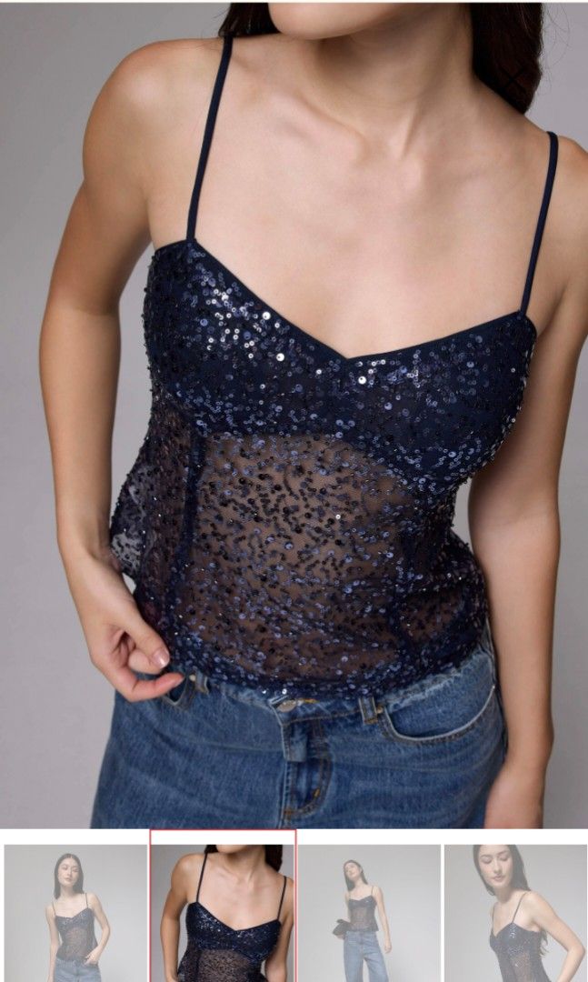 Love, Bonito Padded Sequin V-neck Bustier Top (Category: Sleeveless) located in Cebu City. Submitted by kateeedy (Listing ID 1392967250, Image 3). Description: Selling the Love, Bonito Padded Sequin V-neck Bustier Top in Dark Blue for Php. 1,200. I bought this for Php. 1,275. This is brand new with tags. Size: Medium, size guide attached in the pictures. RFS: Not my style.