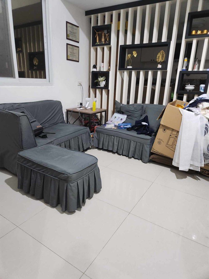 Pre loved Sofa SET Uratex Foam (Category: Sofas) located in Baliuag. Submitted by importeditemsbykimi (Listing ID 1392906693, Image 1). Description: Selling our preloved sofa set kasama na custom cover 3pc L shape sofa Uratex foam 4K ONLY SET na kasama na cover Size : Big 113cm × 66cm Medium 87cm×66cm Sml 35cm×66cm Rfs: Bibiling bago Visible scratches sa big na sofa May wood na nabali inner sa may maliit na sofa Pero still functional.