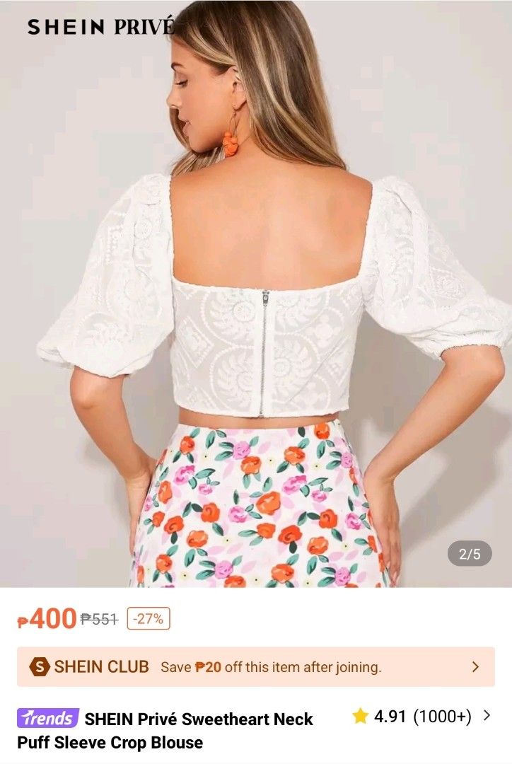 Shein white crop top with puff sleeves (Category: Blouses) located in Quezon City. Submitted by denisepaulinep (Listing ID 1392938434, Image 3). Description: Shein white crop top with puff sleeves Size: S Original price: Php400 New, only tried it on once or twice then left it in my closet for a time, no flaws RFS: too small for me payment via gcash delivery c/o buyer, via grab, lalamove, LBC, etc. Loc: Gateway Garden Heights, Mandaluyong meet-up: