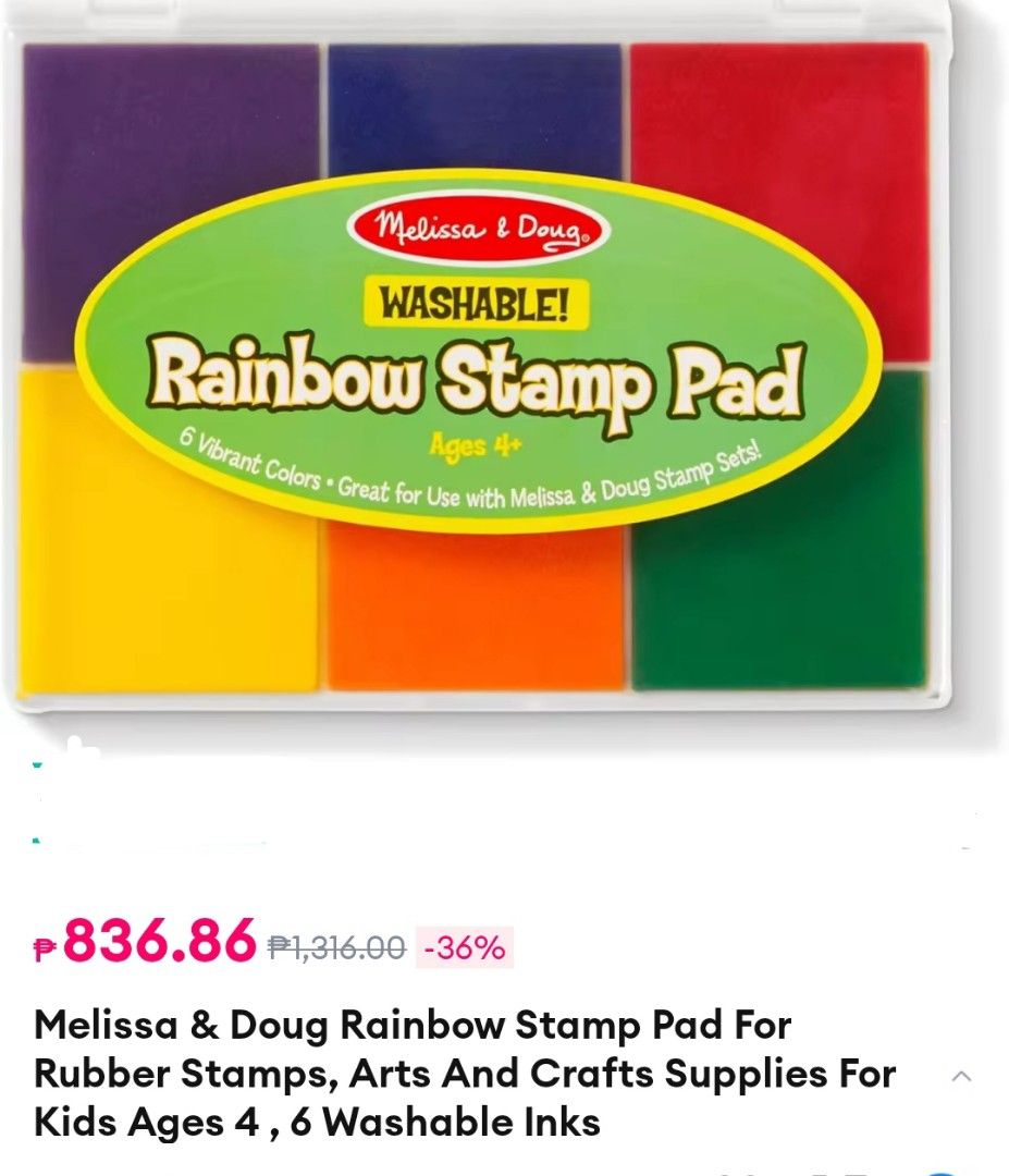 Washable Rainbow Stamp Pad (Category: Craft Supplies & Tools) located in Antipolo. Submitted by medecamerchandise (Listing ID 1392914648, Image 1). Description: ‎Washable Rainbow Stamp Pad ‎ ‎Highlights ‎ ‎MULTICOLORED STAMP INKPAD: The Melissa & Doug ‎ ‎Rainbow Stamp Pad is designed for Melissa & Doug stamp sets. It includes 6 bright ink colors in primary and secondary hues. ‎ ‎WASHABLE INK: This stamp pad color ink set is made from washable ink