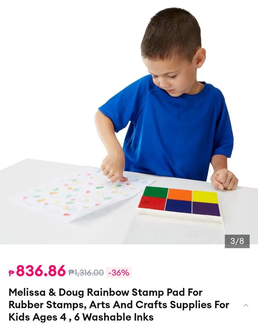 Washable Rainbow Stamp Pad (Category: Craft Supplies & Tools) located in Antipolo. Submitted by medecamerchandise (Listing ID 1392914648, Image 3). Description: ‎Washable Rainbow Stamp Pad ‎ ‎Highlights ‎ ‎MULTICOLORED STAMP INKPAD: The Melissa & Doug ‎ ‎Rainbow Stamp Pad is designed for Melissa & Doug stamp sets. It includes 6 bright ink colors in primary and secondary hues. ‎ ‎WASHABLE INK: This stamp pad color ink set is made from washable ink