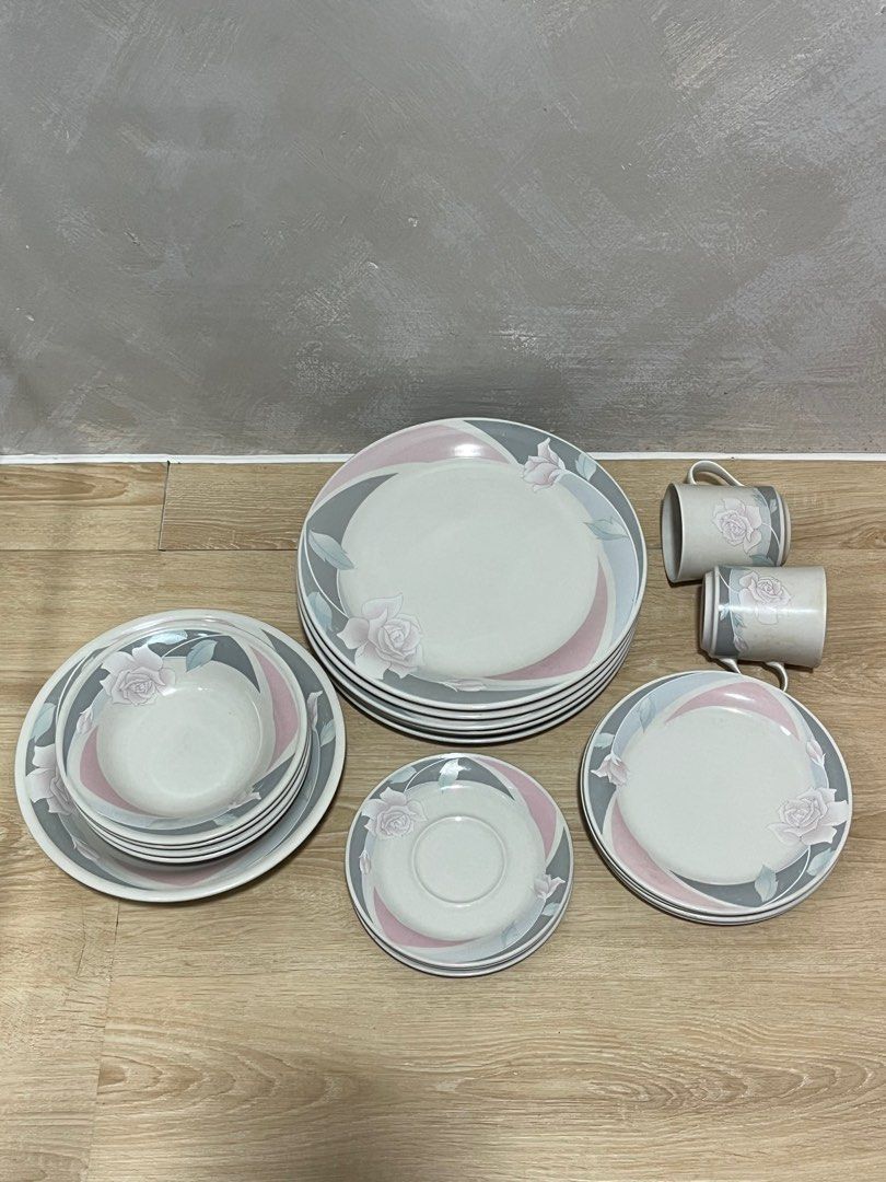 1988 China Pearl Stoneware (Category: Dinnerware & Cutlery) located in Cavite. Submitted by paula3 (Listing ID 1393247005, Image 1). Description: Offer your price Diashwasher and Microwave oven safe 6 dinner plates 1 bowl 4 soup bowls 4 small plates 3 cake plate 2 cups.