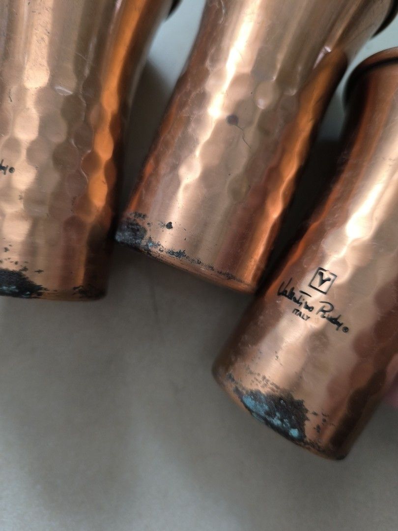 Copper cups 8 pcs bundle (Category: Other Kitchenware & Tableware) located in Manila. Submitted by lianlim.mail (Listing ID 1393068274, Image 2). Description: Take all 8 pcs copper cups. Has flaws and needs cleaning. 2 sets (2 styles) approx 9.5cm tall.