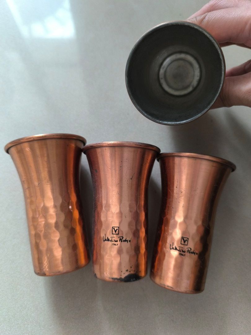 Copper cups 8 pcs bundle (Category: Other Kitchenware & Tableware) located in Manila. Submitted by lianlim.mail (Listing ID 1393068274, Image 1). Description: Take all 8 pcs copper cups. Has flaws and needs cleaning. 2 sets (2 styles) approx 9.5cm tall.