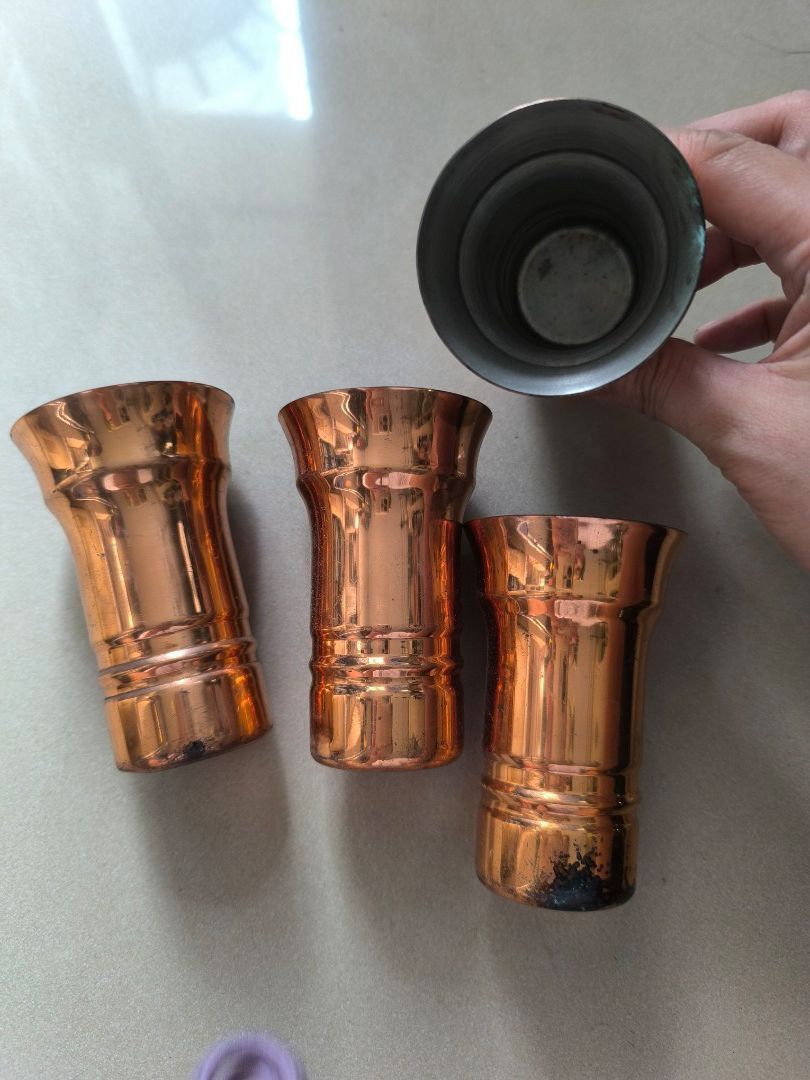 Copper cups 8 pcs bundle (Category: Other Kitchenware & Tableware) located in Manila. Submitted by lianlim.mail (Listing ID 1393068274, Image 3). Description: Take all 8 pcs copper cups. Has flaws and needs cleaning. 2 sets (2 styles) approx 9.5cm tall.