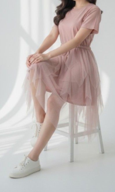 Dress Pink Tulle Layer Gaun Pink Soft Midi Dress Feminim