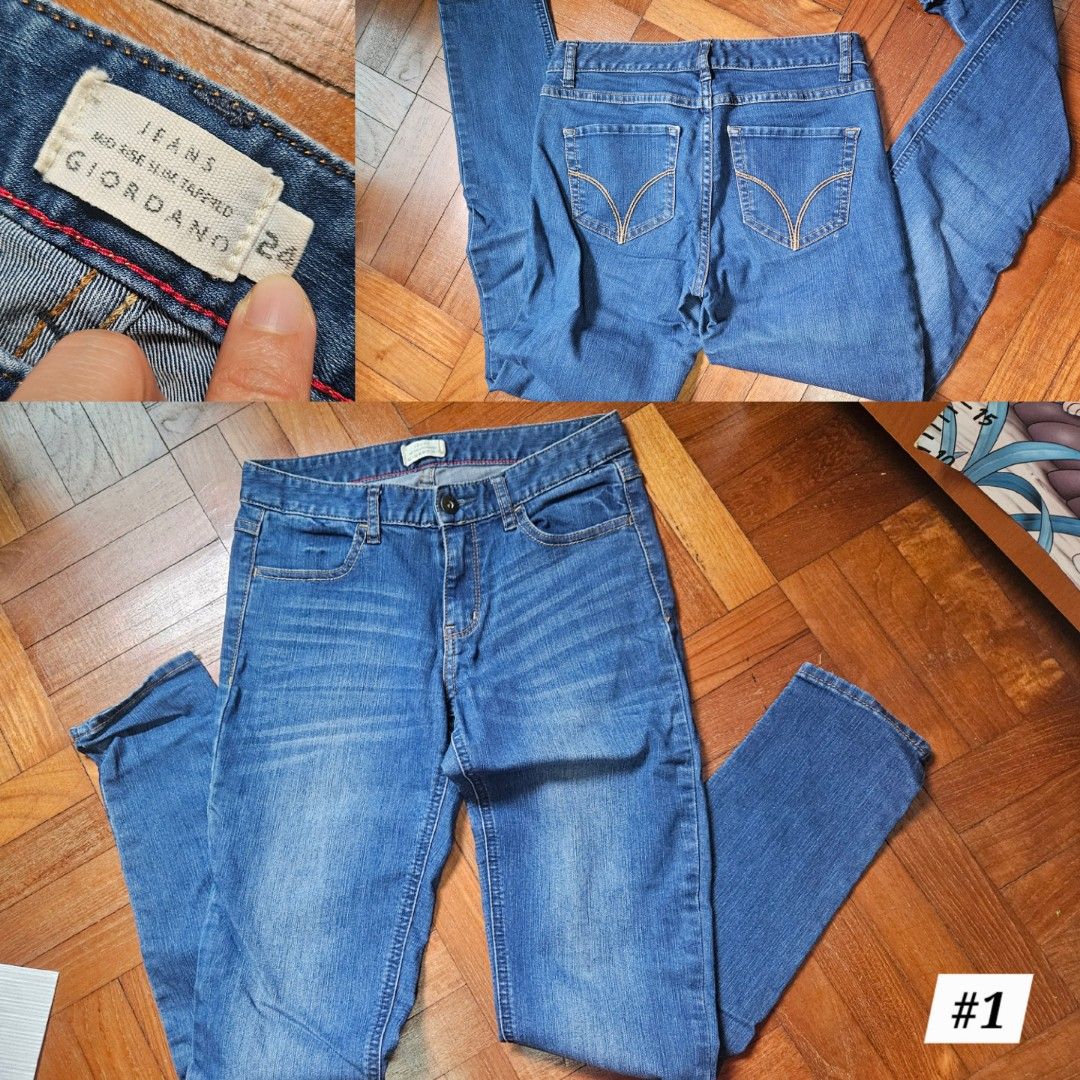 Jeans stack (Category: Jeans & Leggings) located in Singapore. Submitted by alivea (Listing ID 1393134473, Image 1). Description: #1: Giordano midrise slim tapered, size 24 #2: Giordano lowrise skinny tapered, size 25 #3: Uniqlo legging pants, size M From my skinny jeans era 😆 which I have grown out of, so hoping to find new homes for them. Feel free to dm for more details on the jeans or discuss meet-up location!.