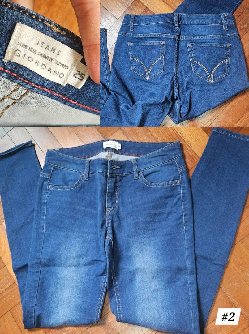 Jeans stack (Category: Jeans & Leggings) located in Singapore. Submitted by alivea (Listing ID 1393134473, Image 2). Description: #1: Giordano midrise slim tapered, size 24 #2: Giordano lowrise skinny tapered, size 25 #3: Uniqlo legging pants, size M From my skinny jeans era 😆 which I have grown out of, so hoping to find new homes for them. Feel free to dm for more details on the jeans or discuss meet-up location!.