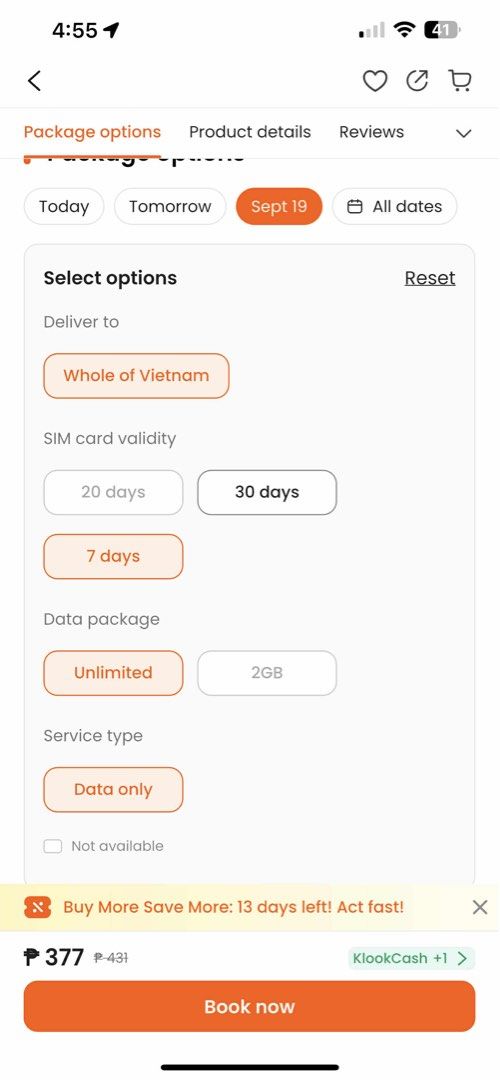 Klook Vietname 4G eSIM (Category: Sim Cards) located in Quezon City. Submitted by jgborras8872799 (Listing ID 1393151260, Image 2). Description: Klook 4G eSIM for Vietnam Valid Starting Sept. 17 2 pcs available (350 each) Rfs: namaling date of booking, and no refund policy.